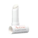 Un tube blanc de baume à lèvres nourrissant Cold Cream Avène dont le bouchon est retiré, laissant apparaître le stick de baume blanc. Le nom du produit et les détails sont imprimés en lettres rouges et noires sur le tube et le bouchon. Le fond est blanc uni.