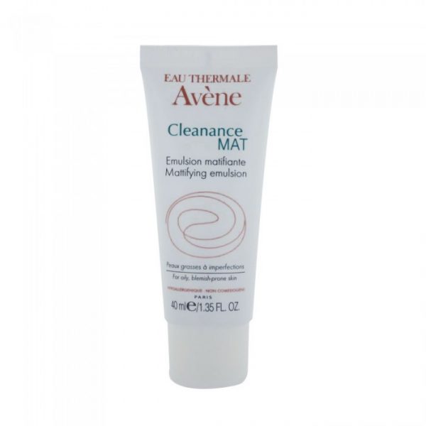 Un tube blanc de 40 ml d'Émulsion Matifiante Avène Cleanance MAT. L'emballage comprend le logo Avène en haut et un texte en français et en anglais. Le produit est conçu pour les peaux grasses à imperfections et spécifié comme hypoallergénique et non comédogène.