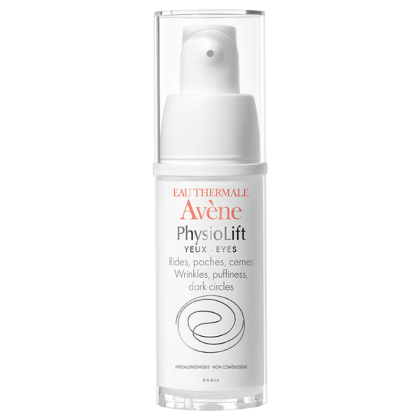 Un flacon transparent de crème contour des yeux Avène PhysioLift. Le flacon pompe blanc comporte un texte rouge et gris indiquant le nom de la marque, la gamme de produits et les avantages : « Rides, poches, cernes ». Le capuchon en plastique est transparent et montre le mécanisme de la pompe à l'intérieur.