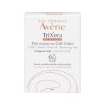 Une boîte rectangulaire blanche de pain nettoyant surgras Eau Thermale Avène Trixera Nutrition Cold Cream. Le texte sur la boîte est majoritairement en français, avec des traductions en anglais indiquant qu'il est destiné au visage et au corps, adapté aux peaux sensibles sèches à très sèches.