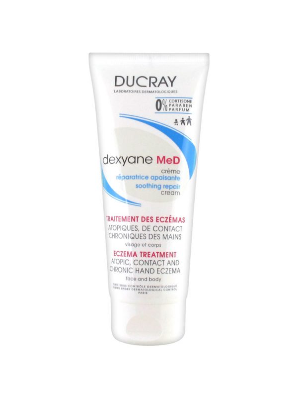 Un tube de crème pour la peau Dexyane Med de Ducray. Le tube blanc doté d'un bouchon à vis présente un design bleu et rouge et fournit des informations sur le traitement de l'eczéma en français et en anglais. Il est déclaré apaisant et adapté à une utilisation sur le visage et le corps.