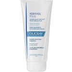 Un tube blanc de Ducray Kertyol P.S.O. shampooing kérato-réducteur avec texte bleu et noir. Le shampooing est conçu pour éliminer les squames et apaiser les rougeurs des affections squameuses localisées. Le tube comporte des descriptions en anglais et en français et un capuchon rabattable blanc.