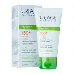 Image de la crème solaire fluide Uriage Hyseac SPF 50+ pour peaux mixtes à grasses. Le produit est présenté avec sa boîte à gauche et le tube à droite. L'emballage est majoritairement blanc et vert, avec des lettres orange soulignant le niveau SPF.