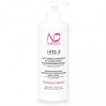 Un flacon blanc de lotion corporelle correctrice et hydratante pour hyperpigmentation HRB-3 de Nubiance Dermatologie, avec un logo rose et un texte en français et en anglais. Le flacon est doté d'un distributeur à pompe et contient 500 ml (16,9 fl oz) de produit.