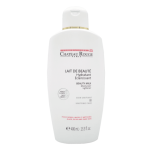 Bouteille blanche de lait de beauté Château Rouge Lait de Beauté, avec texte rouge et noir. La bouteille est étiquetée comme un produit de 400 ml (13,5 fl oz) qui prétend hydrater et éclaircir la peau. L'emballage comprend des descriptions en français et en anglais.