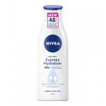 Un flacon blanc de 250 ml de lotion pour le corps Nivea Express Hydration. L'étiquette mentionne « 48h Deep Moisture » avec du sérum Deep Moisture et des minéraux marins pour les peaux normales à sèches. La bouteille a un bouchon bleu et une étiquette rose « NEW » en haut.