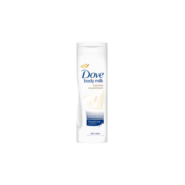 Une bouteille blanche de lotion nourrissante essentielle Dove Body Milk est présentée. L'étiquette porte le logo Dove et indique que le produit offre une nutrition riche et une douceur durable avec le complexe DeepCare, et qu'il convient aux peaux sèches.