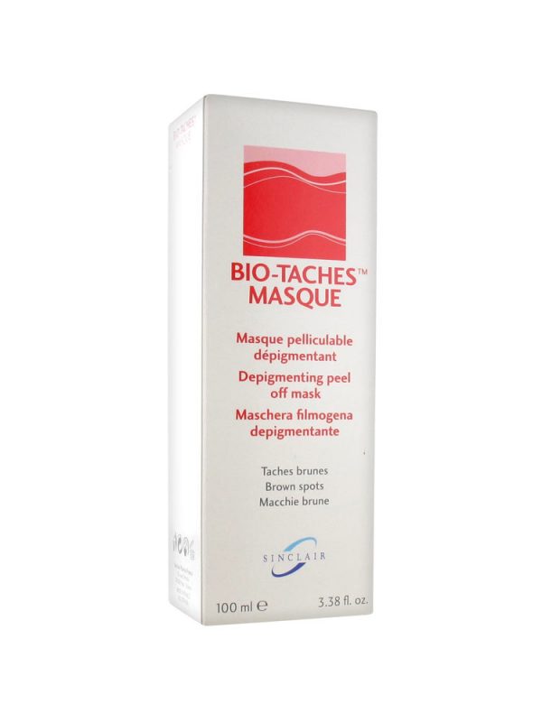 Un coffret blanc aux accents rouges contenant BIO-TACHES Masque, un masque peel-off dépigmentant de Sinclair. La boîte indique que l'objectif du produit est de lutter contre les taches brunes et contient du texte en plusieurs langues. Le volume est marqué comme 100 ml ou 3,38 fl. onces.