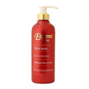 Flacon rouge de nettoyant pour le corps éclaircissant Extreme Glow Strong avec extrait d'aloe vera, présentant le texte en anglais et en français. La bouteille est dotée d'un distributeur à pompe et met en valeur des ingrédients tels que le beurre de karité et le complexe à base de plantes et l'extrait d'aloe vera.