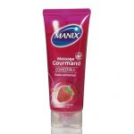 Un tube rose de gel de massage comestible Manix Massage Gourmand avec une photo de fraise sur le devant. Le texte sur le tube indique « Massage Gourmand COMESTIBLE Fraise onctueuse ». Le capuchon est transparent et situé au bas du tube.