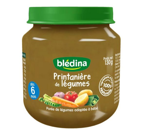 Un pot de nourriture pour bébé Blédina labellisé "Printanière de légumes". L'étiquette du pot présente des images de légumes, notamment des carottes, des tomates et des pois. Il porte la mention « dés 6 mois », indiquant qu'il convient aux bébés à partir de 6 mois et qu'il pèse 130 grammes.