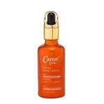 Un 1,66 fl. onces. flacon de Sérum Tonifiant Intense Carrot Glow avec une étiquette orange vif et un capuchon doré avec une pompe noire. L'étiquette comprend des informations sur le produit et met en évidence les ingrédients clés du sérum : l'huile de carotte et le complexe de vitamines A-K.