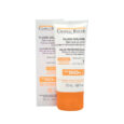 Un tube blanc et orange de crème solaire Château Rouge Fluide Solaire SPF 50+, étiqueté comme fluide de protection solaire pour les peaux noires, foncées et olive. Le tube est placé devant la boîte du produit, qui présente des couleurs assorties et des descriptions textuelles similaires.