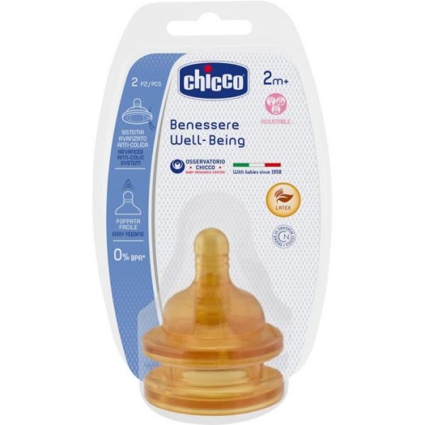 Image des tétines de biberon Chicco Well-Being, conçues pour les enfants de 2 mois et plus. L'emballage met en avant des fonctionnalités telles qu'un débit réglable et un système anti-coliques. Contient deux tétines en latex sans BPA. Le texte est en italien et en anglais.