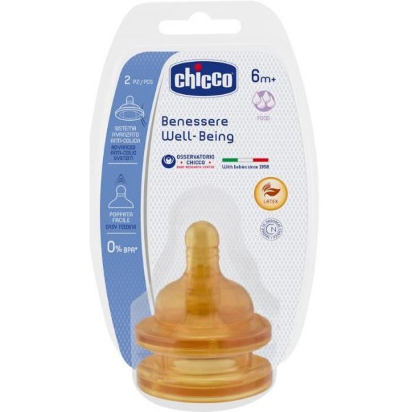 Un paquet de tétines pour biberons Chicco Benessere Well-Being conçues pour les bébés âgés de 6 mois et plus. Le paquet comprend deux tétines en latex sans BPA. L'emballage est principalement blanc avec des accents bleus et contient des détails sur le produit en plusieurs langues.