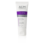 L'image montre un tube blanc de crème réparatrice Cicastim ACM Laboratoire Dermatologique. Le tube comporte une étiquette violette et blanche avec du texte noir, détaillant son utilisation sur le visage et le corps pour purifier, apaiser et calmer la peau irritée et endommagée.