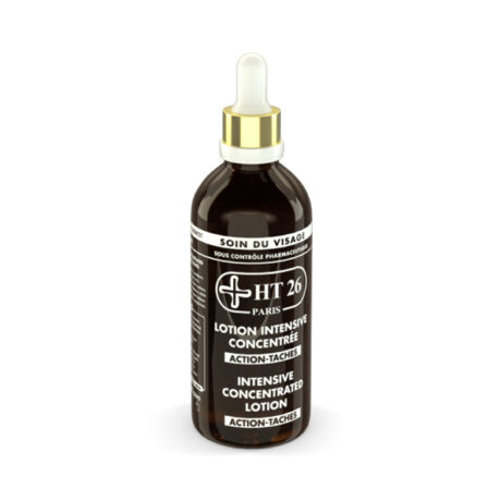 Un flacon marron foncé de 50 ml avec un bouchon compte-gouttes blanc étiqueté « HT26 Paris Lotion Intensive Concentrée » en français et en anglais. Le flacon comporte également la phrase « Soin du Visage » en haut et « Lotion concentrée intensive » et « Action-Taches » en dessous.