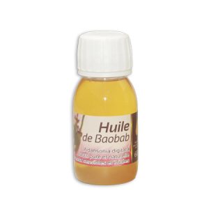 Un petit flacon transparent avec un bouchon blanc contient un liquide jaune doré. L'étiquette indique « Huile de Baobab, Adansonia digitata, 100 % pure et naturelle, pour peaux sensibles et irritées », indiquant qu'il s'agit d'une huile de baobab naturelle pour les peaux sensibles et irritées.