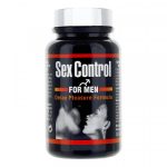 Une bouteille noire avec un bouchon argenté portant une étiquette indiquant : "Sex Control FOR MEN - Delay Pleasure Formula". L'étiquette montre également l'image d'un homme allongé avec une silhouette floue. Le flacon contient des compléments alimentaires.