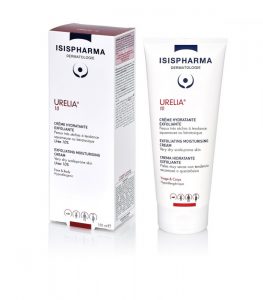 Image de deux produits d'Isispharma Dermatologie. Sur la gauche se trouve une boîte rectangulaire blanche avec du texte rouge et blanc. A droite se trouve un tube blanc intitulé « Urelia 10 Crème Hydratante Exfoliante ». Les deux contenants mentionnent que le produit est destiné aux peaux très sèches et squameuses.