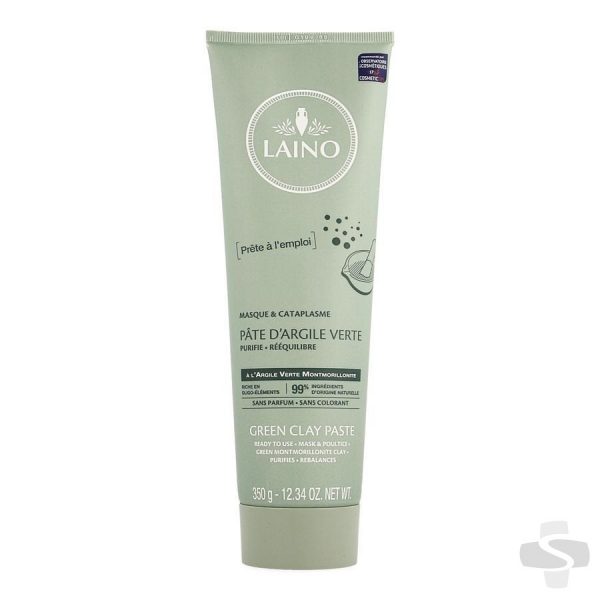 Un tube vert de Pâte d'Argile Verte Laino, avec un texte en français et en anglais indiquant qu'il s'agit d'une pâte d'argile verte prête à l'emploi pour purifier et réparer. Le tube mesure 350 g ou 12,34 oz. Le capuchon est en bas et le fond est blanc.