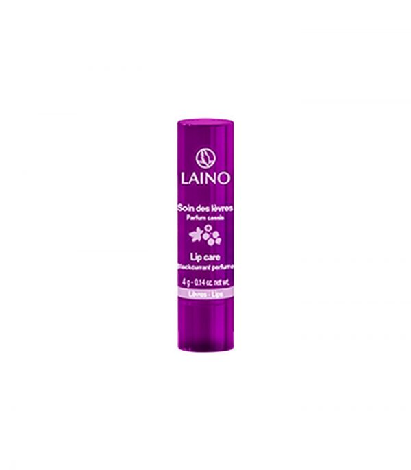 Un tube de baume à lèvres cylindrique violet étiqueté « Laino » avec un texte blanc indiquant « Soin des lèvres Parfum cassis », suivi de « Soin des lèvres » et « Parfumé au cassis ». Le tube indique 4 g (poids net de 0,14 oz).