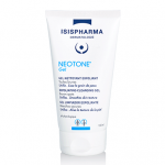 Un tube d'Isispharma Neotone Gel, un gel nettoyant exfoliant conçu pour les taches brunes et le grain de peau irrégulier. Le tube blanc comporte un texte bleu et un logo, avec des descriptions en plusieurs langues. Le tube semble avoir une taille de 150 ml.