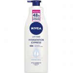 Un flacon de 250 ml de lotion pour le corps Nivea Hydration Express avec un bouchon à pompe bleu. Le flacon comporte des étiquettes indiquant « hydratation intense 48h » et « Hydratation rapide », adaptées aux peaux normales à sèches. La bouteille est majoritairement blanche avec du texte bleu et rouge.