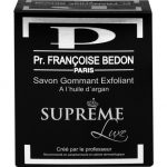 Boîte noire du Pr. Françoise Bedon Paris Savon Exfoliant Suprême Luxe à l'Huile d'Argan. Le texte en français indique « Créée par le professeur » et des détails supplémentaires, indiquant un usage professionnel et parapharmacie. .