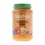 Un pot de nourriture pour bébé Blédina labellisé "Tomates Riz Poulet" (Tomates Riz Poulet) adapté aux bébés à partir de 6 mois. L'étiquette montre des tomates, du riz et des morceaux de poulet. Le pot a un couvercle vert et une icône d'ingrédients 100 % naturels.