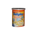 Une boîte de céréales infantiles Babylac au lait, étiquetée « 5 Céréales et lait / 5 Cereals and milk ». L'emballage présente un éléphant de dessin animé mangeant dans un bol de céréales. Le produit convient aux bébés âgés de 6 mois et plus.