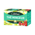 Un coffret vert et blanc de Celliflore Thé Minceur aux tiges de cerise, hibiscus et guarana. La boîte souligne qu'elle contient 20 sachets au goût de fruits rouges et de thé vert. L'encadré met également l'accent sur la « Satisfaction Mesurée ».