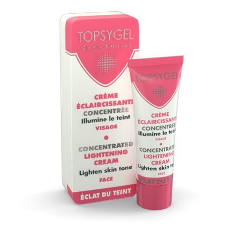 Image d'un produit nommé TOPSYGEL. Il se compose d'un emballage et d'un tube étiquetés « Crème éclaircissante concentrée » en anglais et en français. Le produit mentionne qu'il est destiné au visage et prétend éclaircir le teint, et qu'il contient de la glycérine et de l'aloe vera. Les deux articles sont principalement roses et blancs.