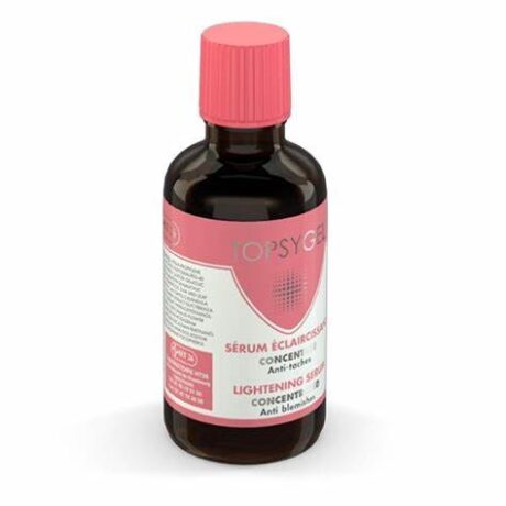 Un flacon de Sérum Éclaircissant Topsygel avec un bouchon rose et une étiquette rose et blanche indiquant « Sérum Éclaircissant Concent Anti-taches » et « Sérum Éclaircissant Concentré Anti-imperfections » en français et en anglais, respectivement.