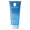 Un tube bleu de Gel Moussant Purifiant Effaclar de La Roche-Posay pour les peaux grasses et sensibles. Le texte sur le tube comprend des informations sur le produit et des allégations en français et en anglais. Le tube a un capuchon blanc et le volume est indiqué comme étant de 200 ml.