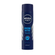 Un flacon cylindrique bleu marine de déodorant Nivea Men Fresh Active. L'étiquette affiche « Nivea Men » en haut, « Fresh Active », « Fraîcheur longue durée » et « 48H » au milieu, suivis de « Ocean Extracts » et « Deodorant » en bas. Des rayures argentées sont des deux côtés.