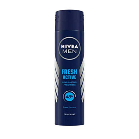 Un flacon cylindrique bleu marine de déodorant Nivea Men Fresh Active. L'étiquette affiche « Nivea Men » en haut, « Fresh Active », « Fraîcheur longue durée » et « 48H » au milieu, suivis de « Ocean Extracts » et « Deodorant » en bas. Des rayures argentées sont des deux côtés.