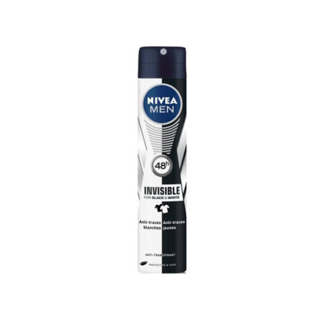 Une bombe cylindrique de spray anti-transpirant Nivea Men Invisible est présentée. L'étiquette présente un design noir et blanc avec le logo Nivea Men en haut et indique 48 heures de protection contre les marques blanches sur les vêtements noirs et les taches jaunes sur les vêtements blancs.