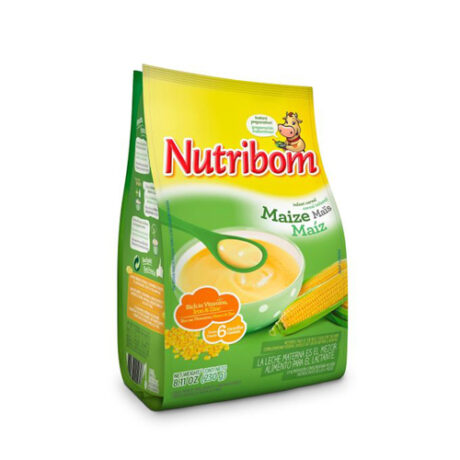 Un emballage vert et jaune de nourriture pour bébé Nutribon Maize, montrant l'image d'un bol de bouillie de maïs avec une cuillère verte et un épi de maïs. L'emballage indique qu'il convient aux bébés de plus de 6 mois et qu'il est enrichi de vitamines et de minéraux. Poids net : 8,11 oz (230 g).