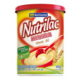 Un récipient cylindrique de céréales pour nourrissons Nutrimental Nutrilac est illustré. L'étiquette présente un cœur rouge et une image de blé et d'un bol de céréales. Le texte indique qu'il est destiné aux nourrissons de 6 mois et plus, qu'il contient des vitamines et du fer et qu'il pèse 400 g.