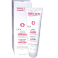 Image d'un tube blanc et de sa boîte étiquetée « Topicrem Cica Crème Apaisante ». Le tube contient 100 ml (3,3 fl. oz) de crème apaisante conçue pour les peaux sensibles et irritées. L'emballage comprend des descriptions de produits en français et en anglais.