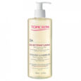 Un flacon pompe transparent de gel nettoyant ultra-riche Topicrem DA. La bouteille comporte du texte rose et noir et un distributeur à pompe blanc sur le dessus. Il contient 500 ml (16,9 fl. oz.) du produit, conçu pour les peaux sensibles, sèches et à tendance atopique.