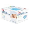 Une boîte blanche rectangulaire contenant 50 masques de protection jetables de la marque AAB. La boîte présente l’image d’une personne portant un masque bleu et une illustration détaillée du masque. Le texte sur la boîte souligne son caractère protecteur et jetable.