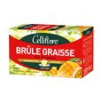 Une boîte de thé Celliflore Brûle Graisse de 20 sachets affichant un arôme mangue. L'emballage est à dominante rouge et verte, avec des images de mangue et de fruit de la passion. Le texte met en avant des ingrédients tels que le Maté, le Kola, le Guarana et le Thé vert.