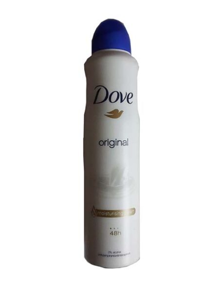 Un flacon de déodorant Dove blanc avec un bouchon bleu. L'étiquette indique « Dove original » avec le logo Dove en or et « crème hydratante 48h ». Le flacon est élégant et cylindrique, conçu pour une protection de 48 heures.