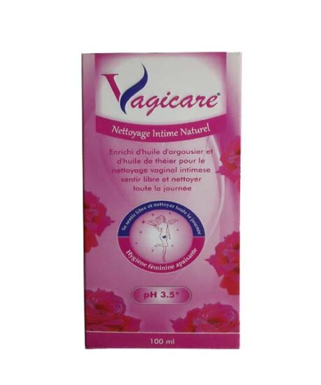 Image d'une boîte de produit Vagicare. L'emballage rose et blanc indique "Nettoyage Intime Naturel" et souligne qu'il est enrichi en huile d'argousier et en huile d'arbre à thé. Le produit est destiné à l'hygiène intime, maintient un pH de 3,5 et contient 100 ml.