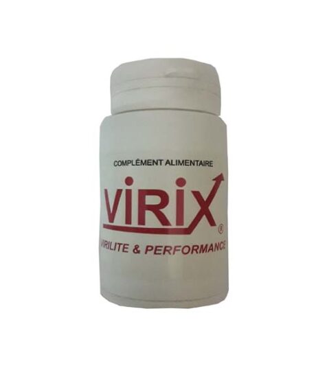 Une bouteille blanche étiquetée « Complément Alimentaire VIRIX Virilité & Performance » avec une flèche rouge s'étendant du « X » dans « VIRIX.