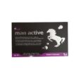 Une boîte rectangulaire noire de Denk « man active » est complétée par une illustration blanche d'un cheval. Le texte inclut des mentions d'ingrédients comme l'extrait de maca, l'extrait de ginkgo, le zinc, la caféine et les vitamines. Labellisé « Made in Germany » et contient 60 gélules.