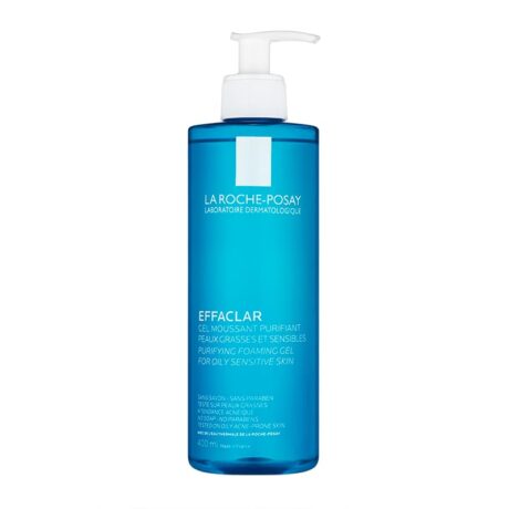 Flacon bleu de Gel Moussant Purifiant Effaclar La Roche-Posay pour peaux sensibles grasses, avec un distributeur à pompe blanc. L’étiquette comporte un texte blanc détaillant le nom et les spécifications du produit. Le flacon contient 400 ml de nettoyant.