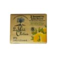 L'image montre un paquet de pains de savon extra doux "Le Petit Olivier" au parfum Verveine Citron. L'emballage est beige avec une illustration de citrons et d'un arbre, et le texte indique qu'il y a deux barres de 100 g (3,5 oz). "Fabrique en France" est noté sur l'emballage.